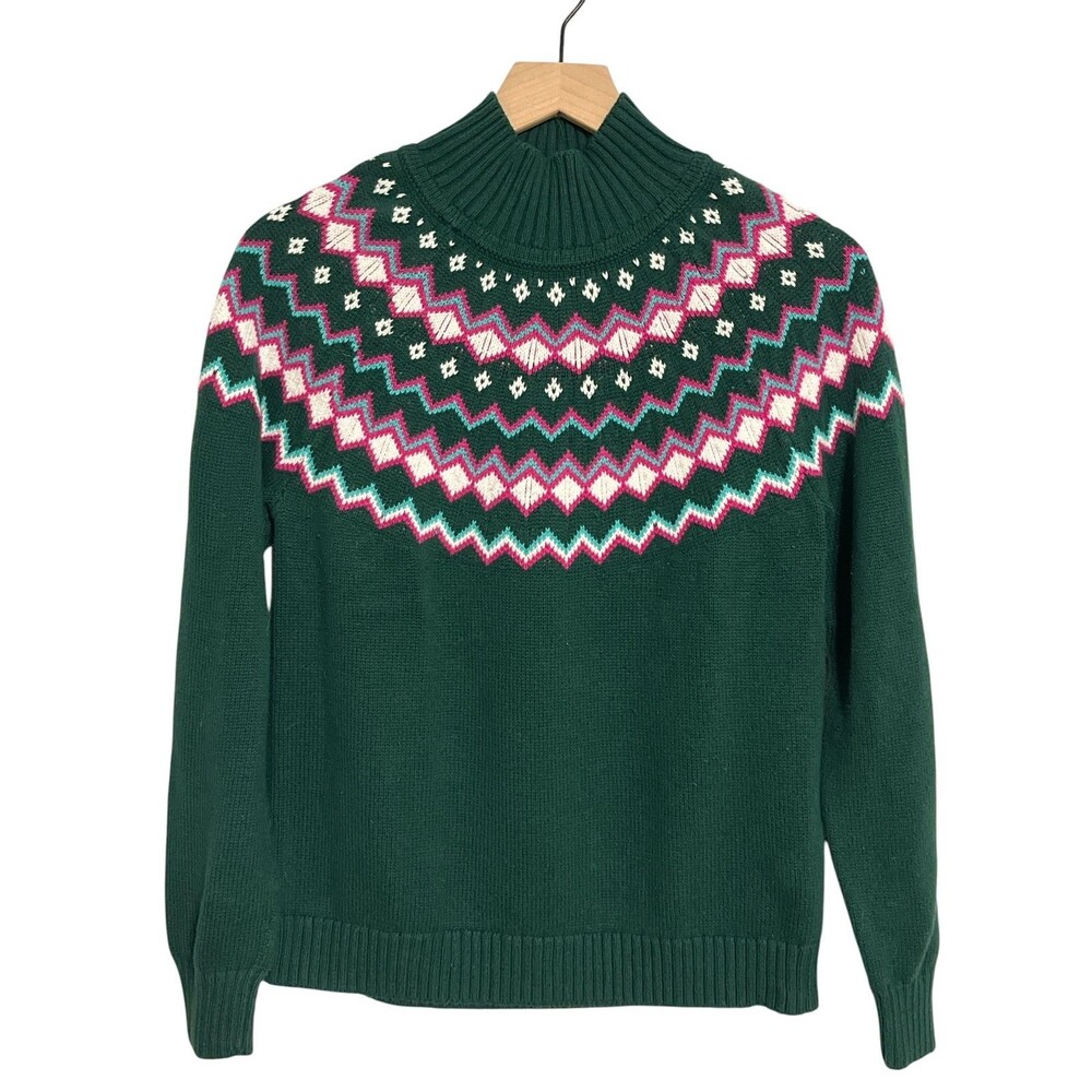 J. Crew Fair Isle Mock Green Neck Sweater Women's M Winter Fall Ski Cabin Cozy.